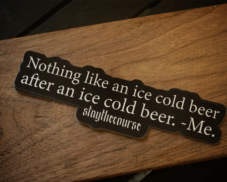 Sticker with humorous text on a wooden surface