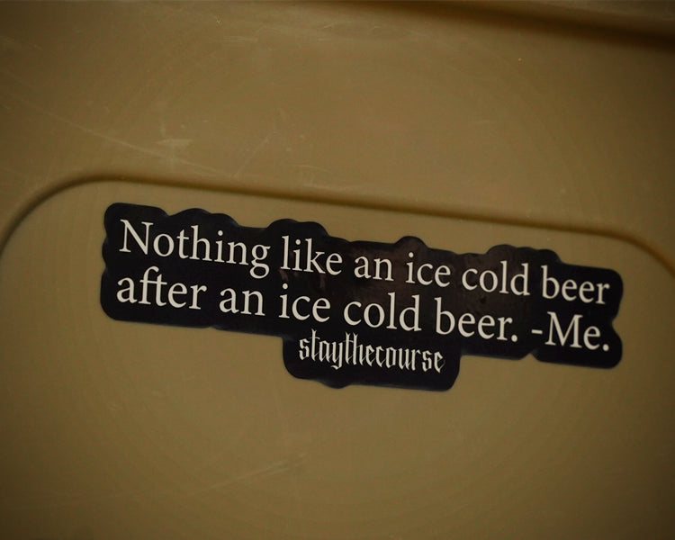 Sticker with humorous text on a beige surface