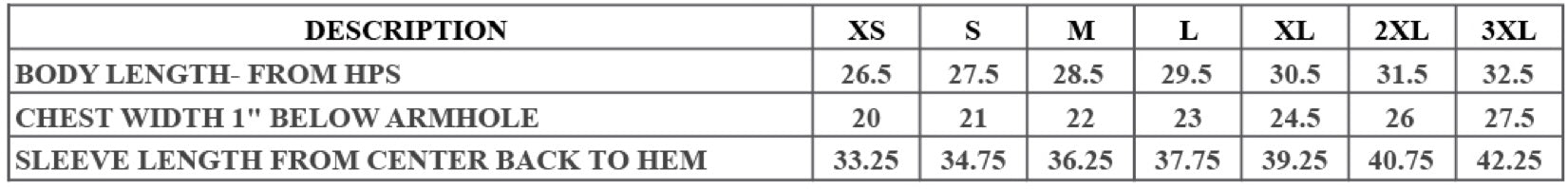 Table displaying clothing size chart with measurements in inches.