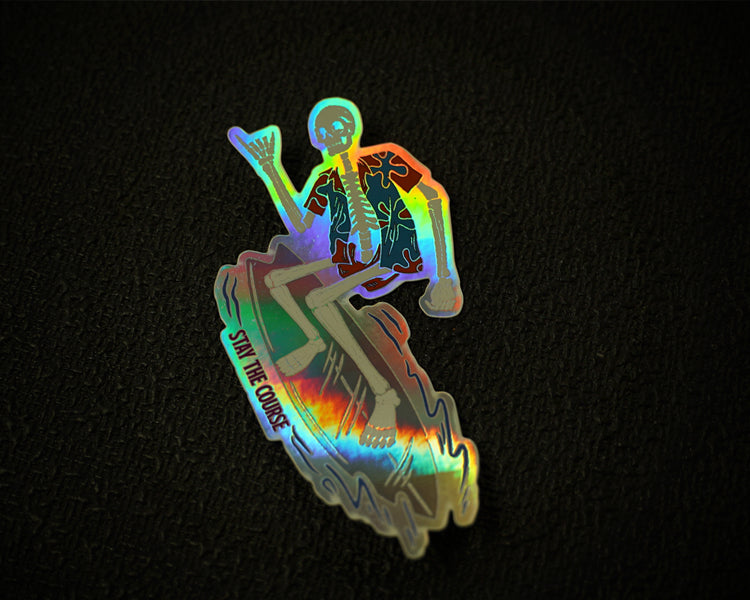 Sticker with a design of a skeleton on a surfboard on a black background