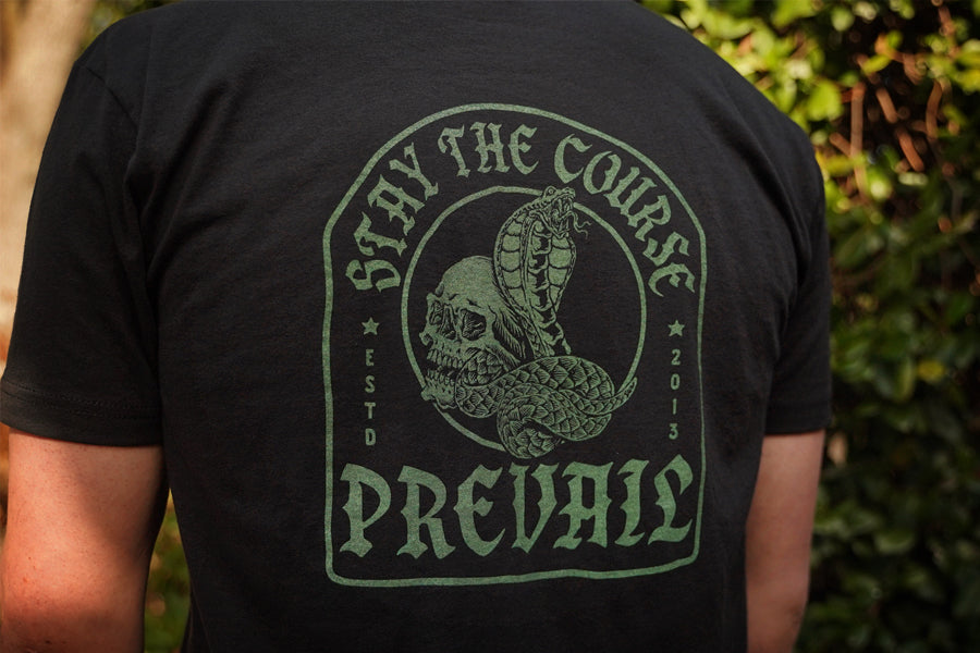 Black t-shirt with handprinted green graphic and text 'Stay the Course Prevail' on a person against a natural background.