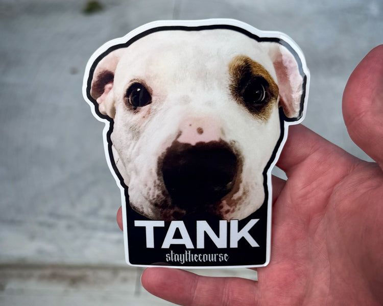 Hand holding a sticker with a dog's face and the name 'Tank' on a blurred background