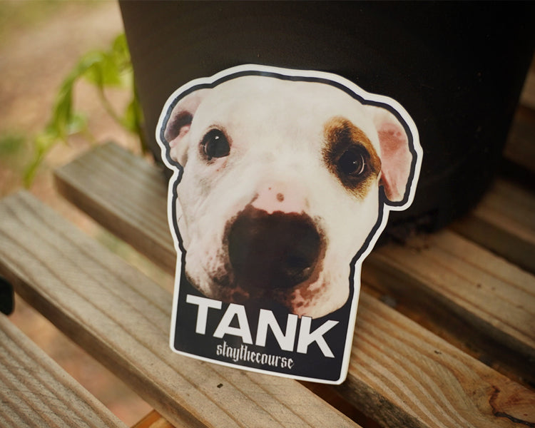 Sticker of a dog's face with 'TANK' and 'staythecourse' text on a wooden surface.