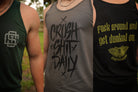 Three tank tops with different designs and text, displayed side by side.