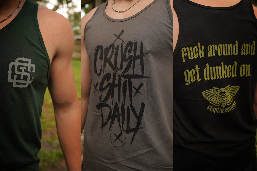 Three tank tops with different designs and text, displayed side by side.