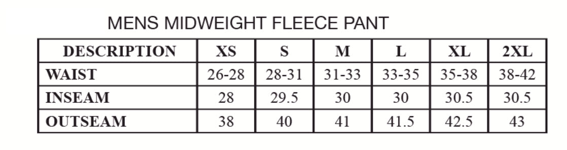 Crafted Fleece Pant / Black Size Chart
