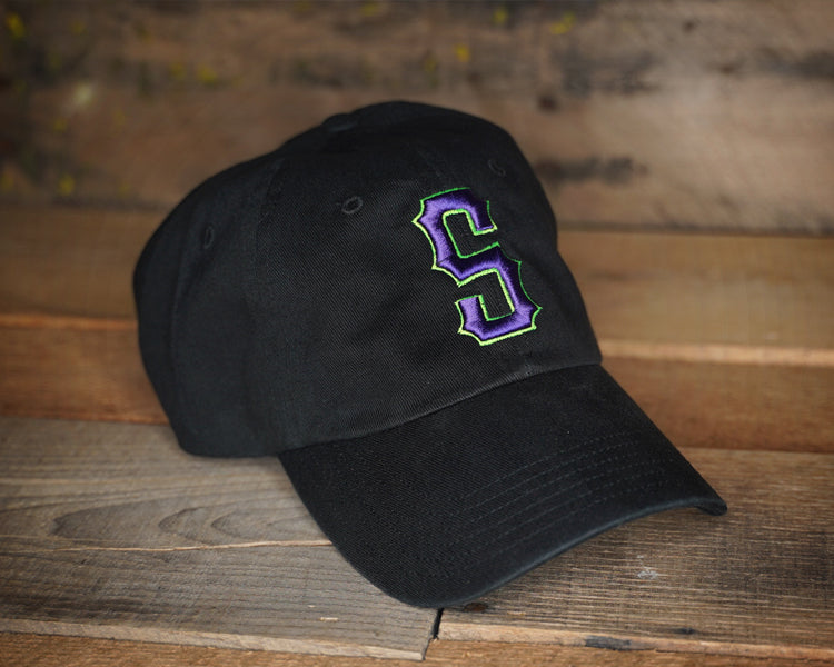 black hat with purple and green embroidery