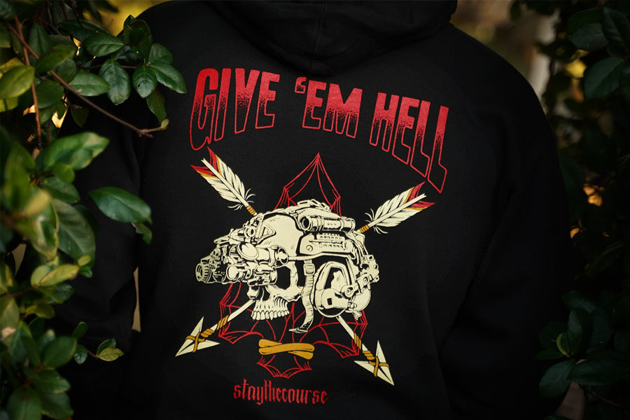 Black hoodie with 'give em hell' graphic on rear