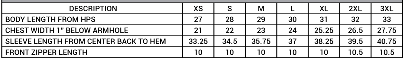 Align Performance Quarter Zip Size Chart