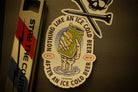 A sticker that says Nothing like an ice cold beer after a nice cold beer, with a skeleton hand holding a beer can. 