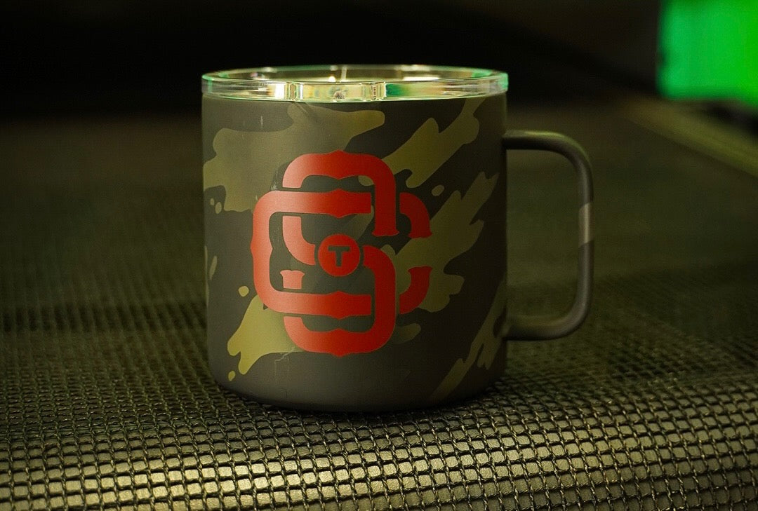Black Camo Yeti coffee mug with red STC lockup