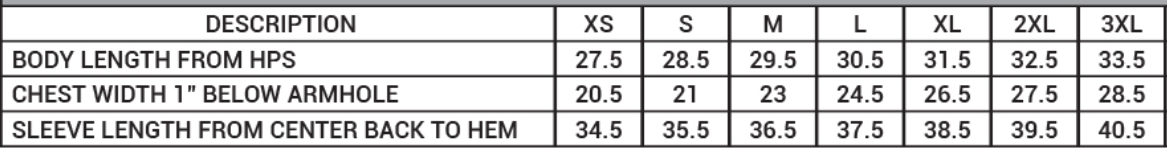 Table displaying body measurements for different clothing sizes.
