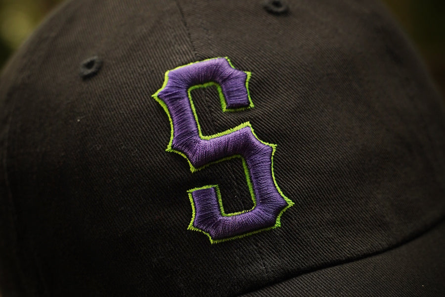 Black cap with purple and green embroidered logo on a blurred background