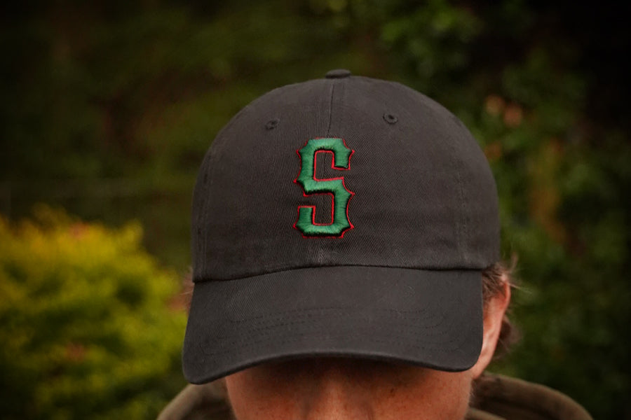 Person wearing a black cap with a green and red logo against a blurred natural background