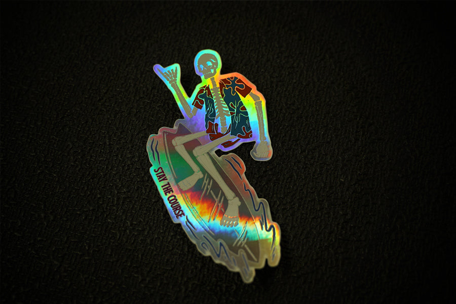 Sticker with a design of a skeleton on a surfboard on a black background