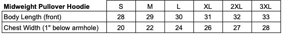 Table displaying measurements for a midweight pullover hoodie in various sizes.