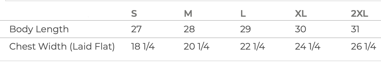Size chart for a tank top showing body length and chest width for sizes S, M, L, XL, and 2XL.