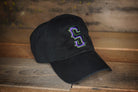 black hat with purple and green embroidery