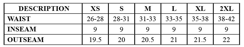 STC Fleece Shorts Size Chart